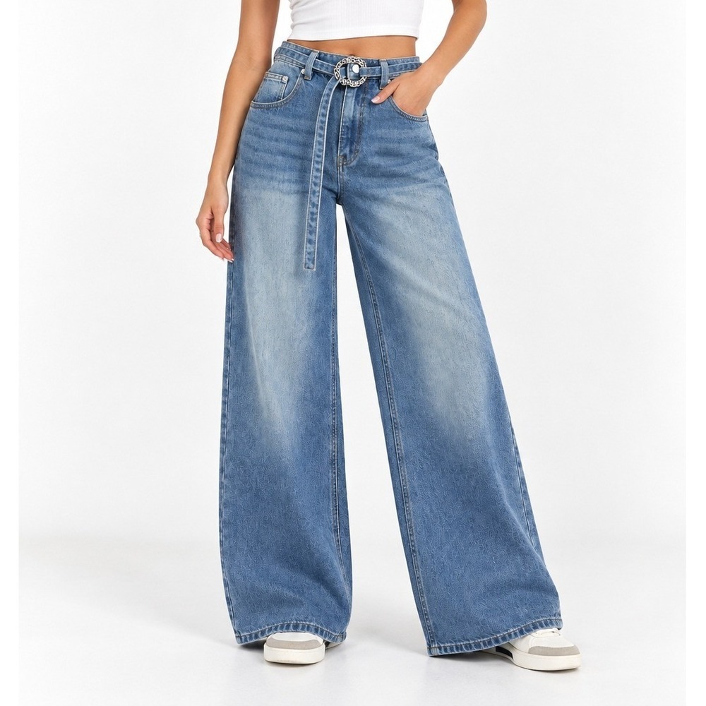 Nasty Gal Ring Trim Denim Straight Wide Leg Jeans Vintage Wash Blue US 10 NEW